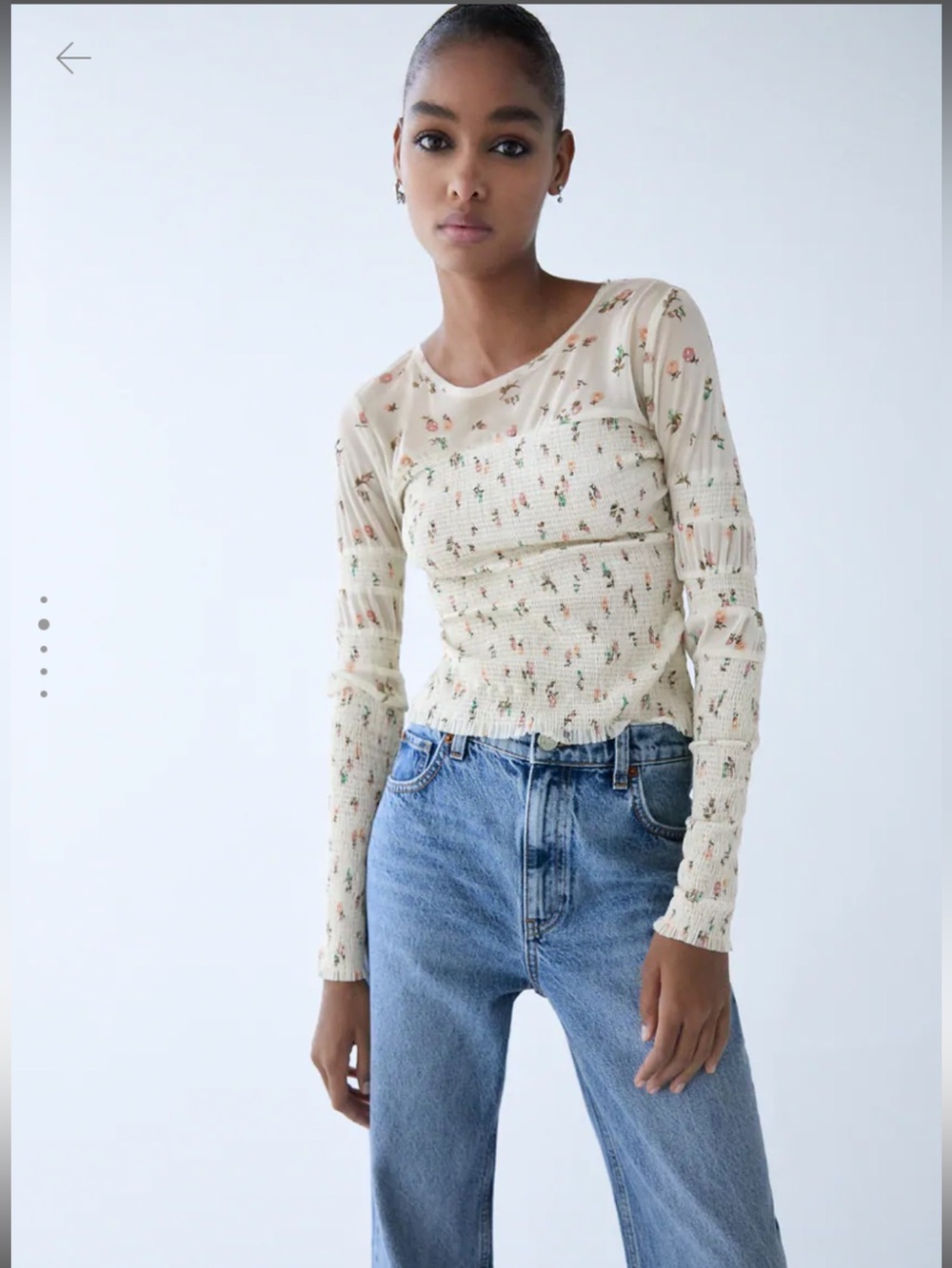 Zara Women’s Cream and Floral Long-Sleeve Smocked Printed Tulle Top